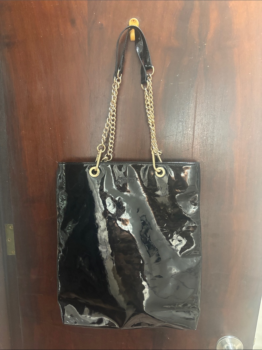 Glossy Black Patent Tote with Gold Chain Straps